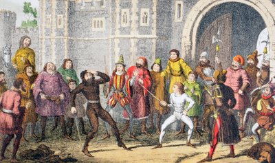 O mesmo Sir John, o mesmo. Eu o vi quebrar a cabeça de Skogan no portão da corte, quando ele era uma fenda não tão alta ”, 1890 de George Cruikshank